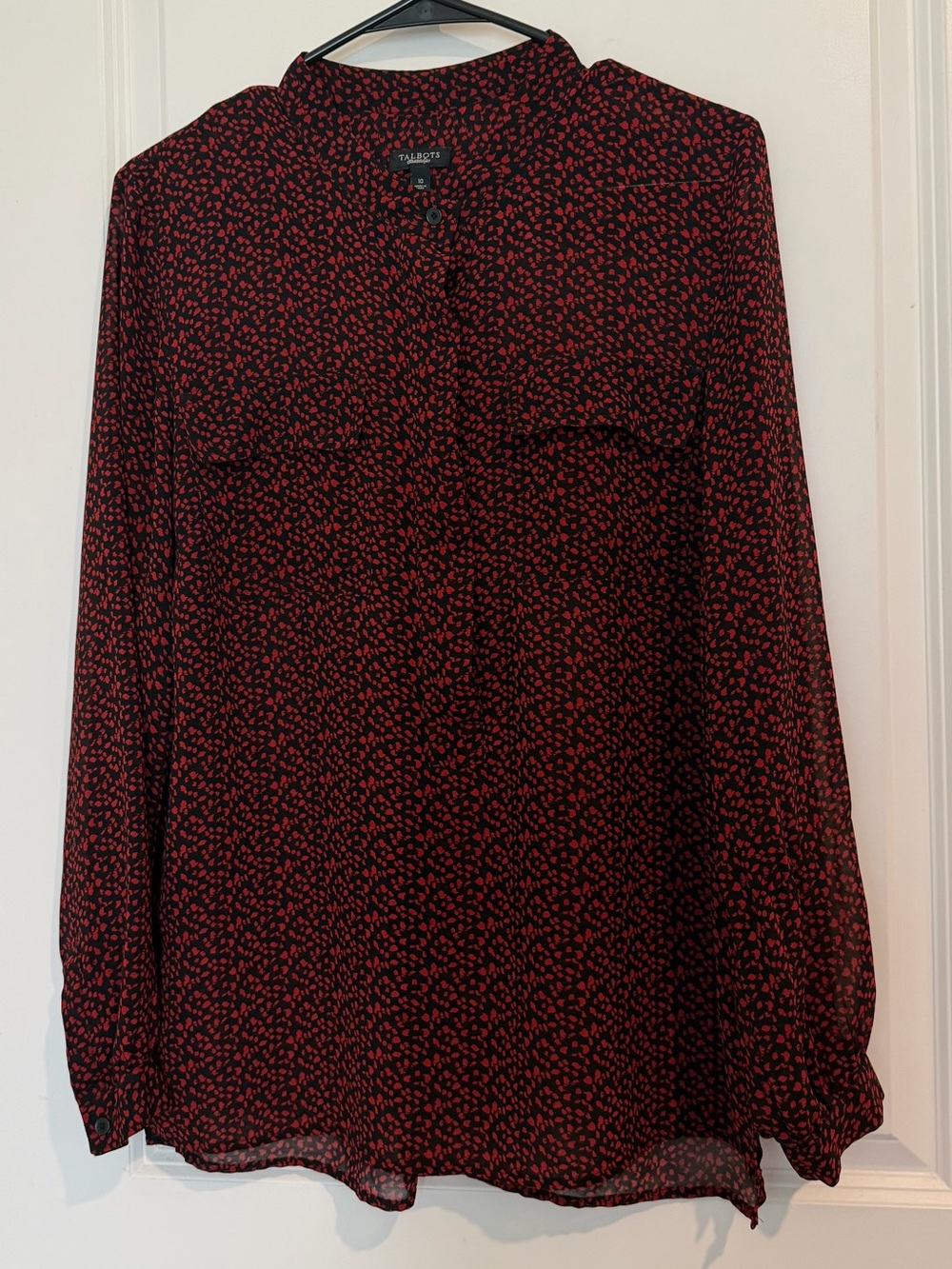 Talbots Black Blouse with Red Micro Floral Print